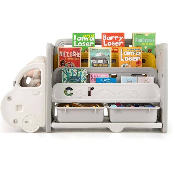slide 2 of 6, Car-Shaped Toy Storage Organizer 3-Tier Toy Shelf w/ Storage Boxes Beige+Grey
