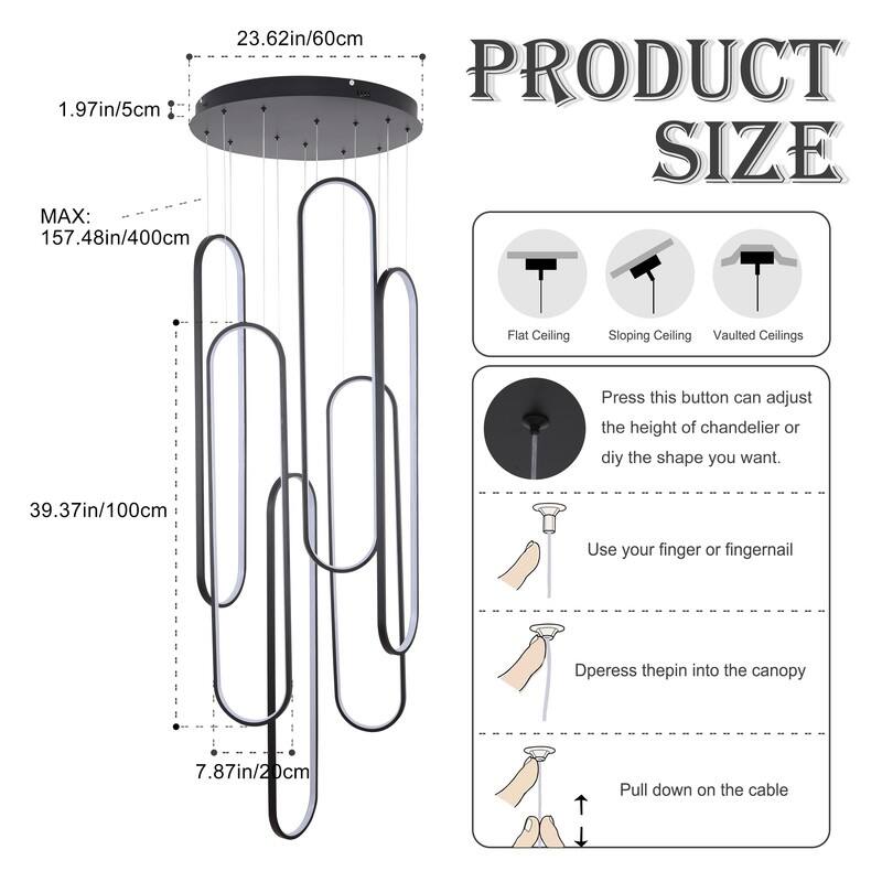 6 Rings Modern Chandelier Dimmable LED Living Room Foyer Chandelier Lighting Fixture High Ceiling Pendant Light Fixture