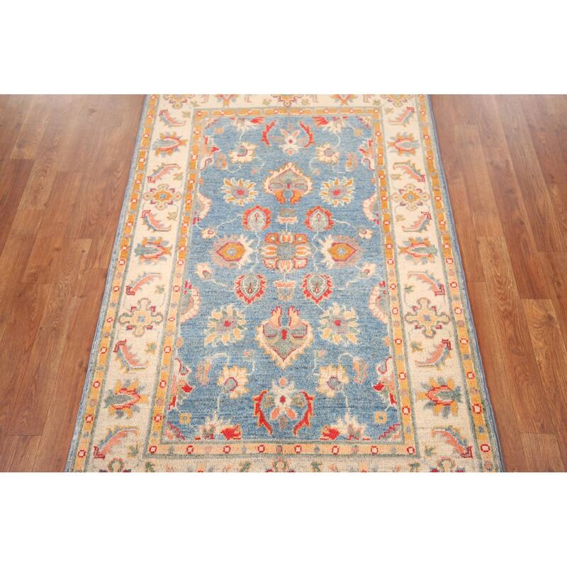Blue Kazak Oriental Accent Rug Handmade Floral Wool Carpet - 3'3" x 4'11"