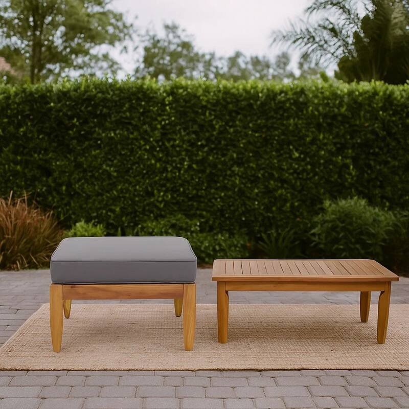 Gail Outdoor Ottoman and Coffee Table Set, Brown Acacia Wood, Gray