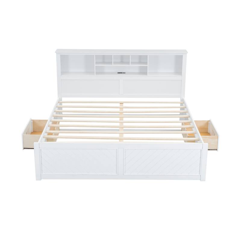 King Platform Bed with Multi-Storage Headboard, USB Ports, Drawers, and Pine Wood Construction - Perfect for Modern Bedrooms