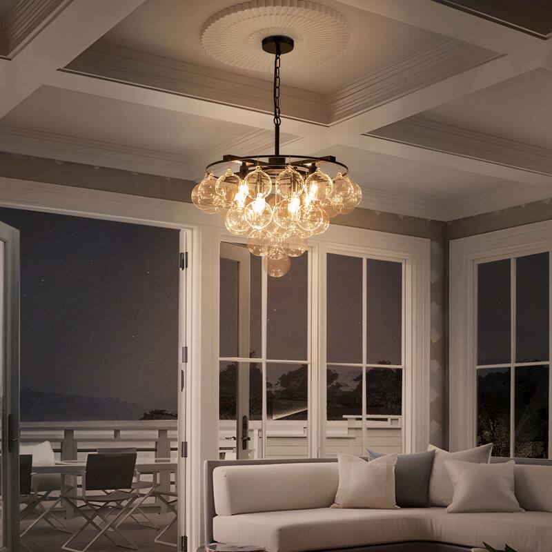 Starsky 8- Light 23in. Modern Glam Cluster Glass Bubble Chandelier with 28 Swirled Glass Globe Bubble