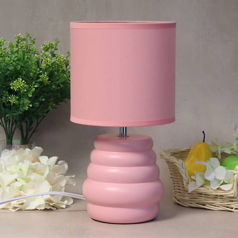 Stacked Ceramic Mini Table Lamp with Fabric Drum Shade Modern Sculptural Accent Lighting Compact Design
