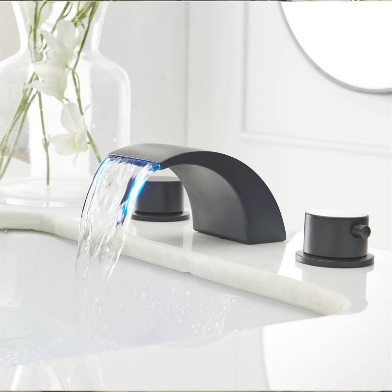 LED Widespread Bathroom Faucet With Drain Assembly 3 Holes Waterfall Bathroom Sink Faucets WIth Light 2 Handle Basin Vanity Tap