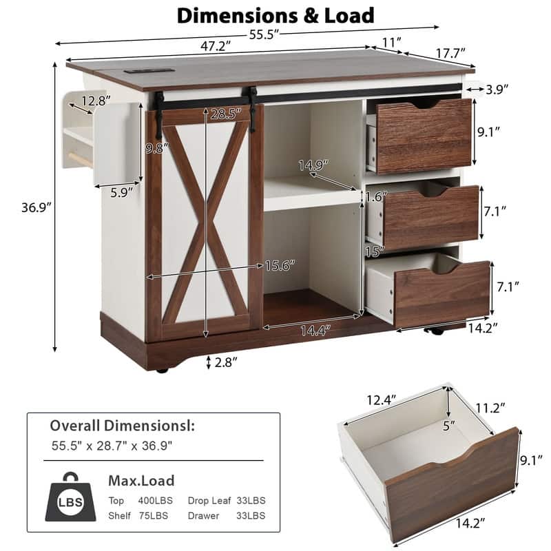 55.5" Farmhouse Kitchen Island – Features Drop Leaf, Barn Door Storage, Power Outlet & Wheels, Includes Spice Rack‌