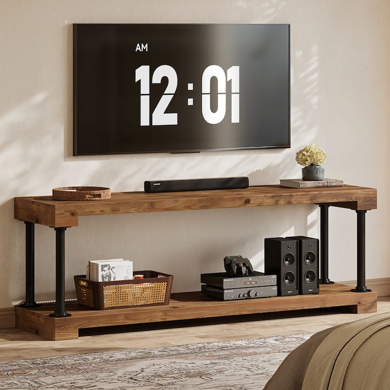 63" Solid Wood TV Stand Entertainment Center Media Console Table - Brown /Black