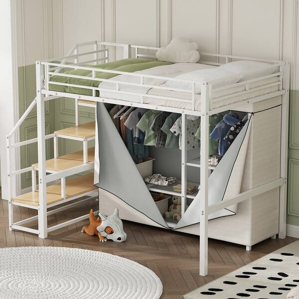 slide 2 of 12, Full Size Metal Loft Bed with Wardrobe and Storage Shelves, Safety Guardrails Kids Loft Bed with Built-In Staircase White