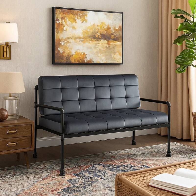 Loveseat with Tufted Velvet Seat and Metal Frame, Grey
