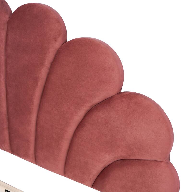 Modern Queen Size Platform Bed, Velvet Upholstered Bed Frame with Flower Pattern Headboard and Solid Wood Slats Support