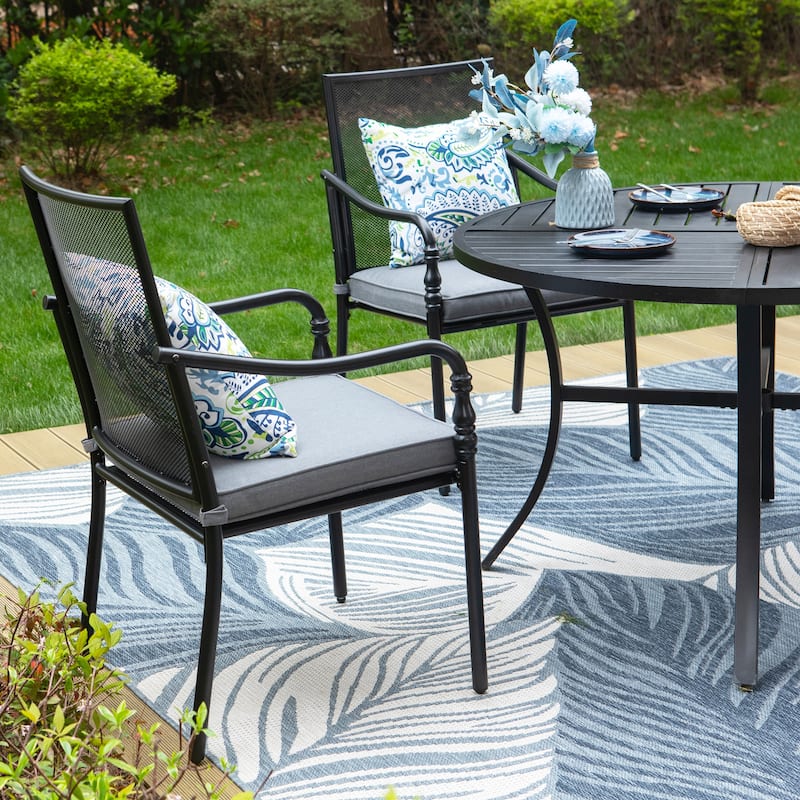 MAISON ARTS Patio Dining Set 5 Piece, Geometrically Stamped Round Table and 4 Gourd Head Shape Armrest Chairs