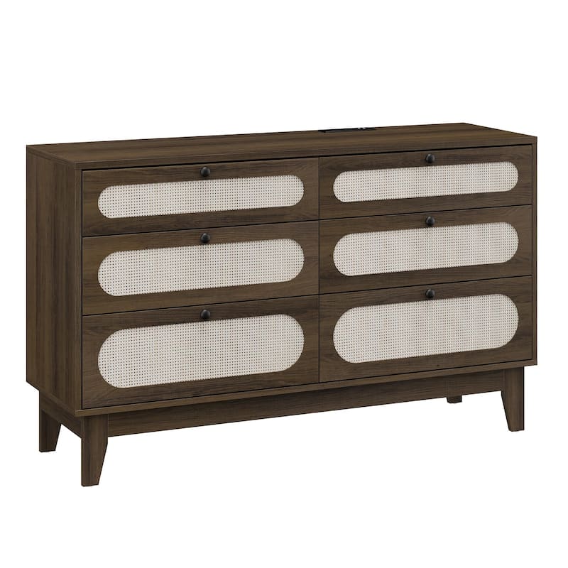 6-Drawer Rattan Dresser with Power Outlet, Wooden Chest of Drawers