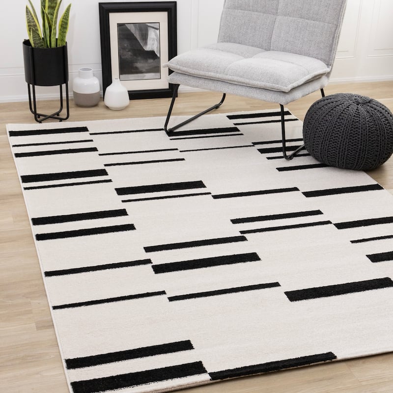 White Black Column Stripes Minimalist Indoor Area Rug