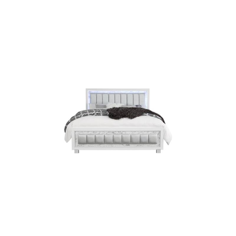 Modern Bed with LED Headboard - Queen Size Platform Bed Frame, White Finish