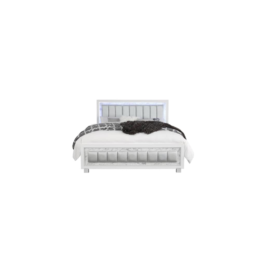 Modern Bed with LED Headboard - Queen Size Platform Bed Frame, White Finish