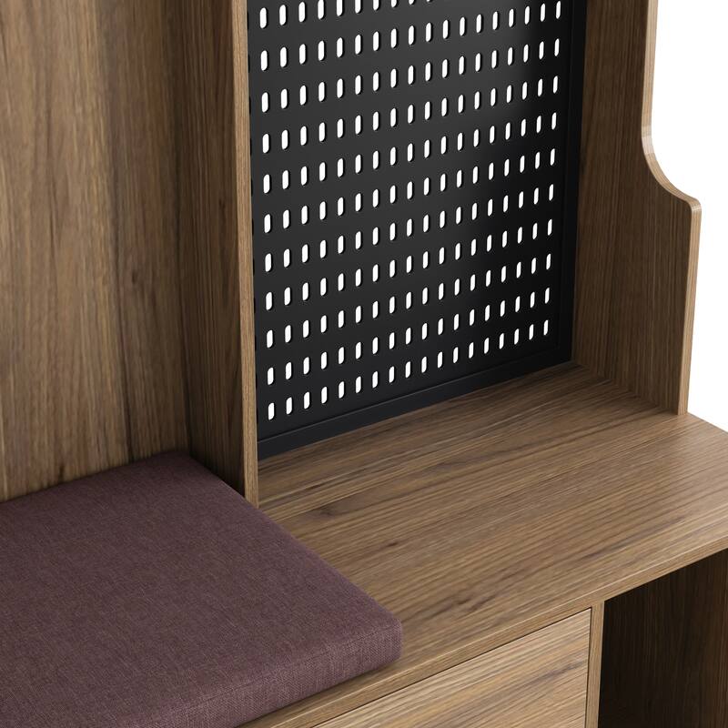 Multi-purpose Hallway Hall Tree with Removable Linen Cushioned Entryway Bench, Coat Rack, Storage Shelves, and DIY Pegboard