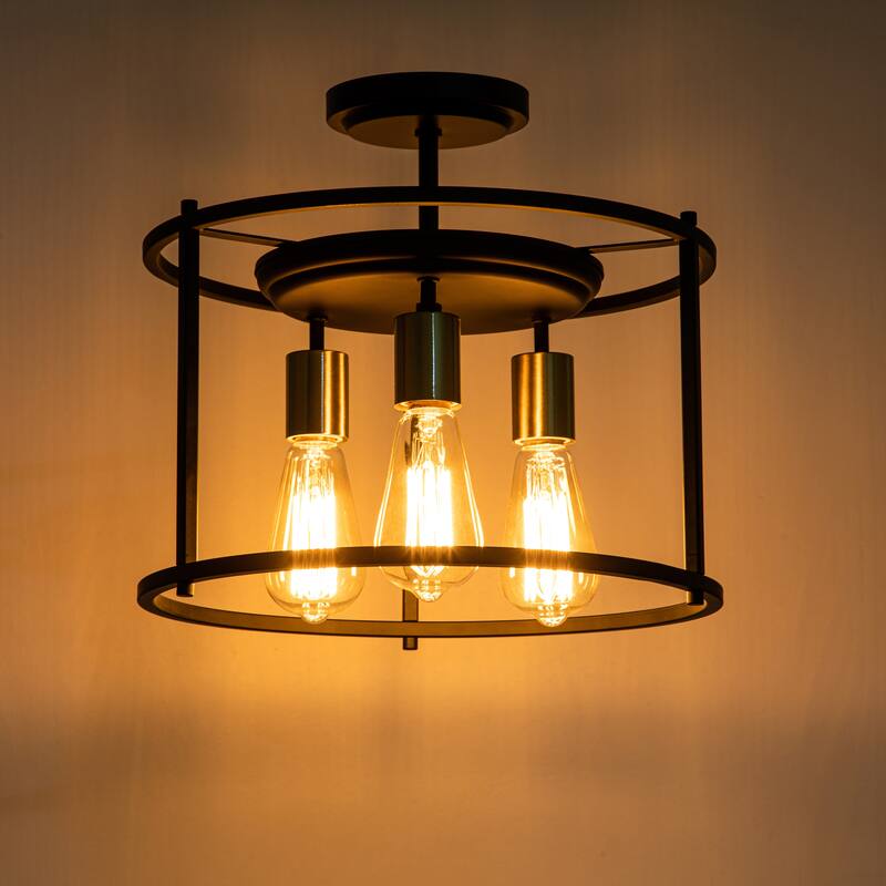 3-Light Black and Gold Drum Cage Semi Flush Mount Light