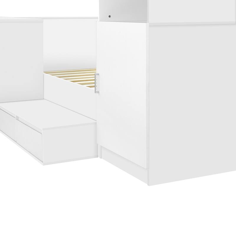 Full Size White Wooden Platform Bed with Storage, Desk, and Wardrobe