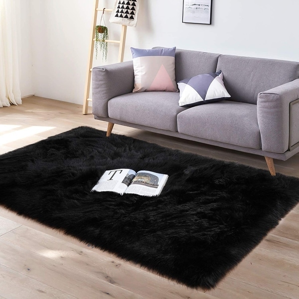 Soft Fluffy Bedroom Rugs 3 x 5 Feet Indoor Wool Sheepskin Area Rug for Girls Baby Room Chair Sofa Floor Carpet, Black. Opens flyout.