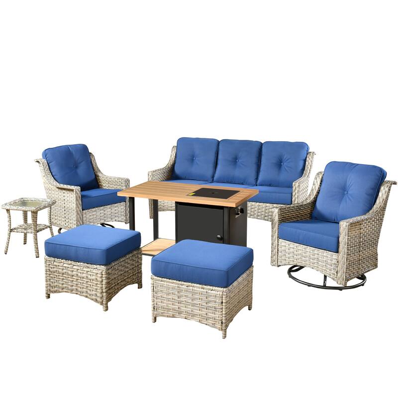 HOOOWOOO 7-piece Wicker High Back Patio Furniture Swivel Rocker Set with Fire Pit