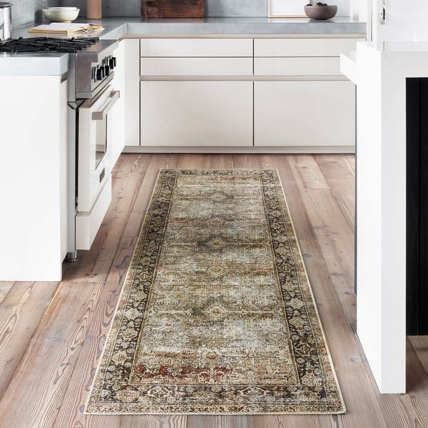 slide 2 of 9, Alexander Home Isabelle Olive Tone Oriental Pattern Printed Area Rug 2' 6" x 9' 6" - Olive/Charcoal