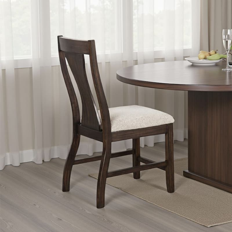 Hols Side Dining Chair Set of 2, Espresso Brown Wood Slatted Back, White Fabric