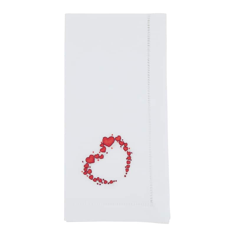 Embroidered Heart Wreath Cotton Napkins (Set of 6) - Scattered Heart Circle Motif with Hemstitch Border, 20"x20" - Set of 6