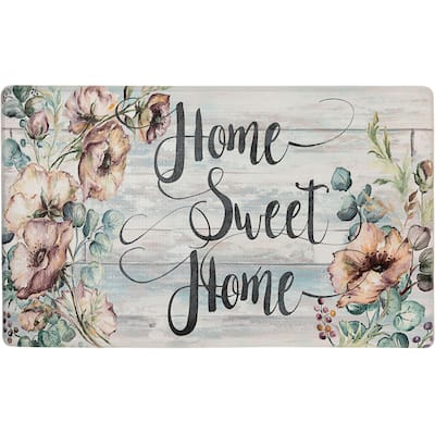 SoHome Cozy Living Home Sweet Home Floral Anti-Fatigue Kitchen Mat, Grey/Blue