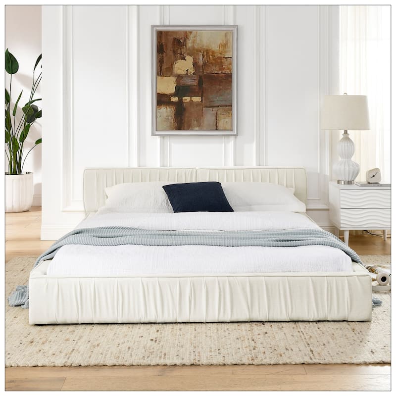 Queen Size Upholstered Bed Frame with Chenille fabric with pleated design
