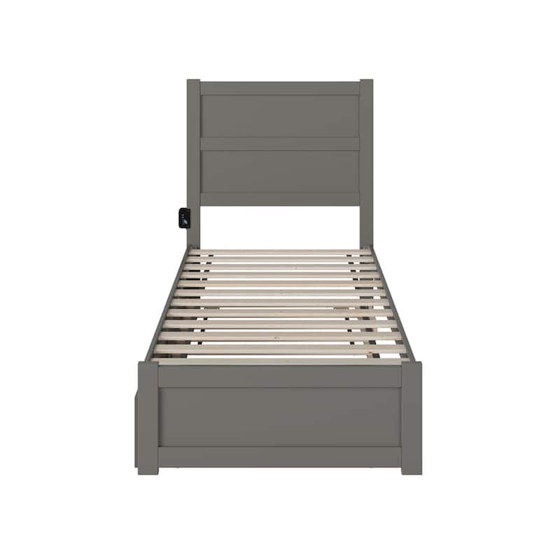 Twin Bed with Trundle - Grey Platform Bed Frame, Modern Style, Solid Wood, Charging Station
