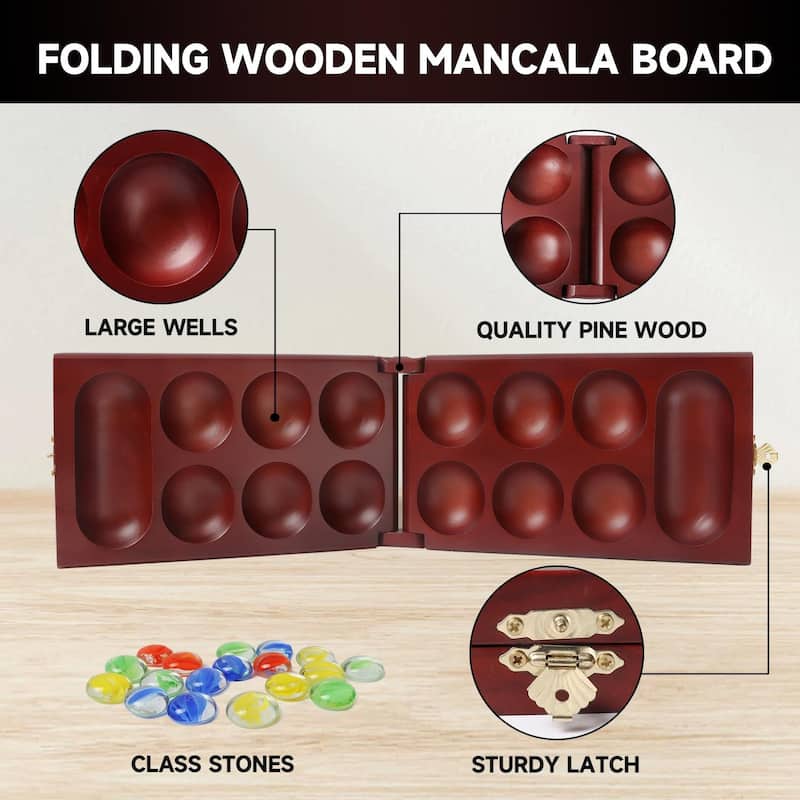 GSE™ Mahogany Folding Wooden Mancala Board Game with Multi-Color Glass Stones and Storage Bag