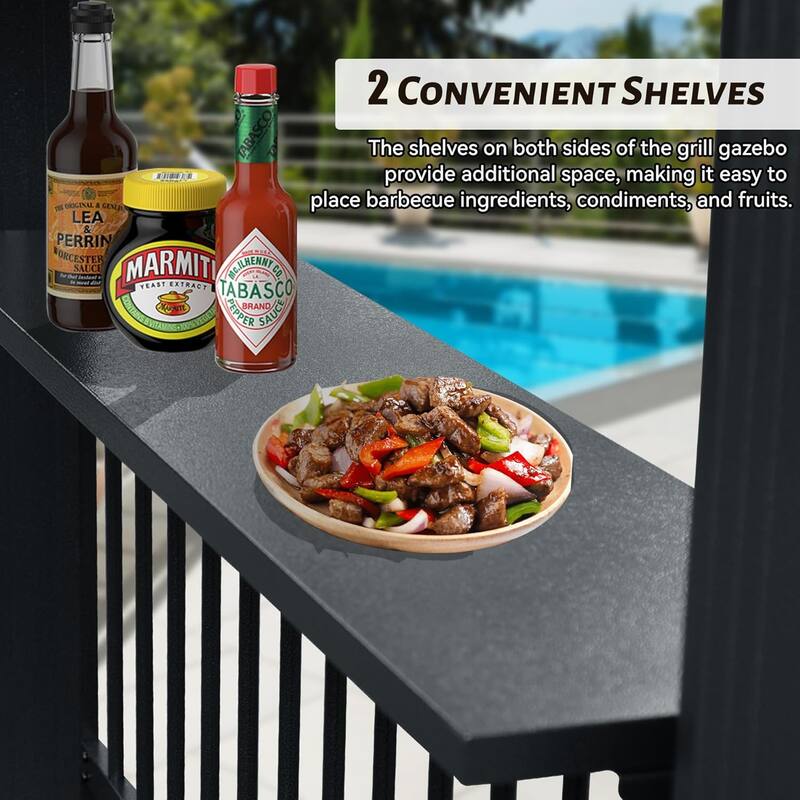 6.5x12FT Hardtop Grill Gazebo, Outdoor BBQ Gazebo with 2 Side Shelves and Sloping Galvanized Steel Roof