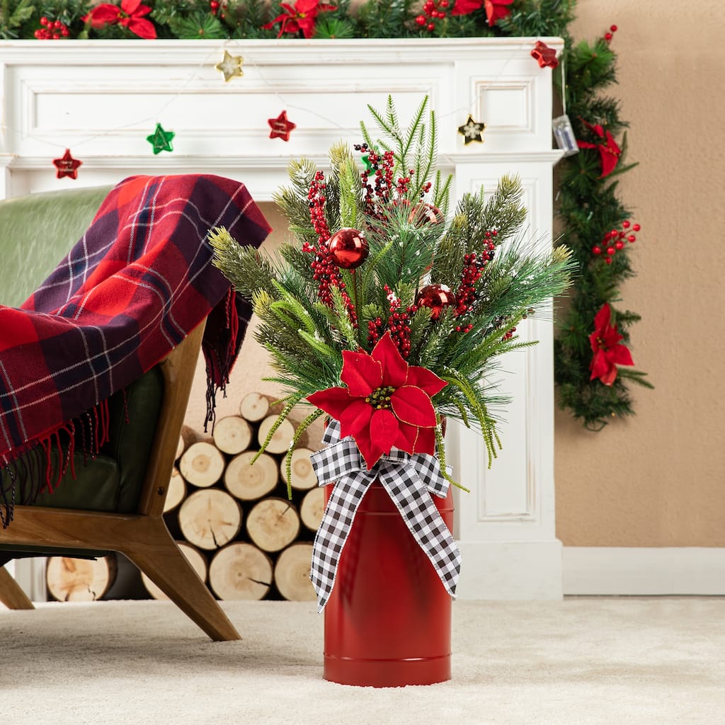 Glitzhome 35"H Christmas Poinsettia Floral Potted Porch Tree Indoor Outdoor Decorations