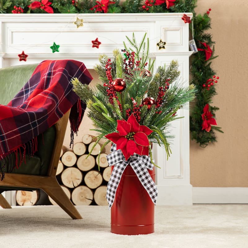 Glitzhome 35"H Set of 2 Christmas Poinsettia Floral Potted Tree