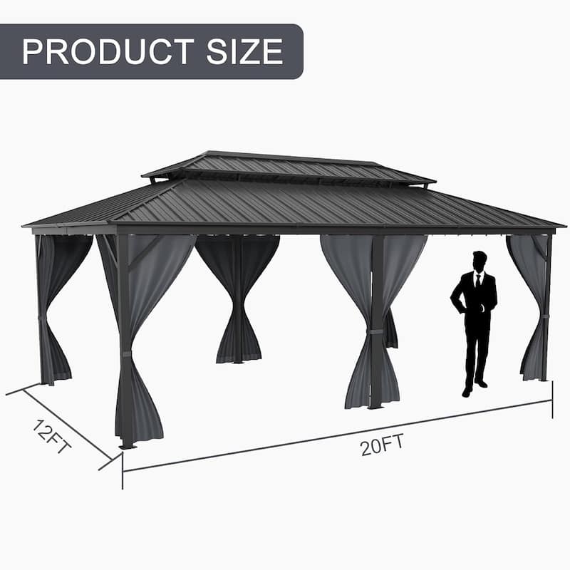 12 Ft x 12 Ft (12 Ft x 16 Ft / 12 Ft x 20 Ft )Hardtop Gazebo with Netting and Curtains, Galvanized Steel Double Roof