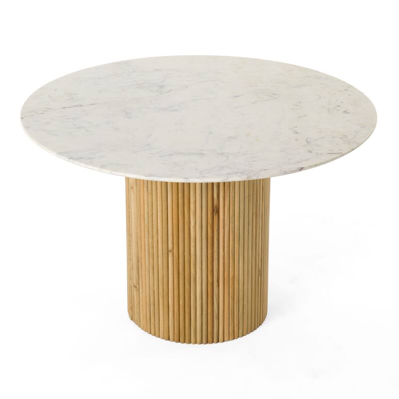Cid Jolie Dining Table, Fluted Brown Wood, Round Carrara Marble Top, 47 Inch - Brown, White