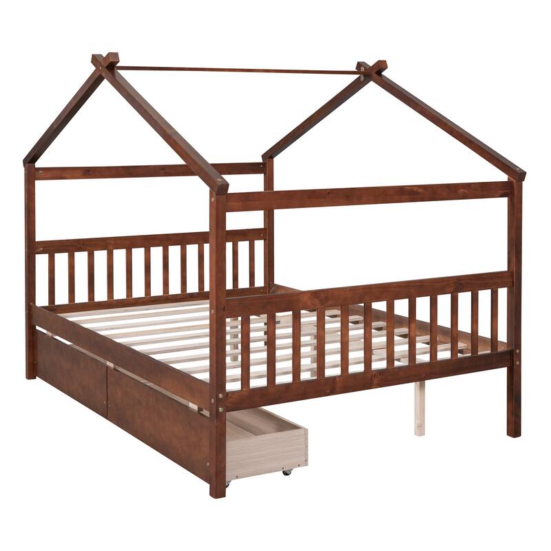 Full Size Wooden House Bed with Drawers