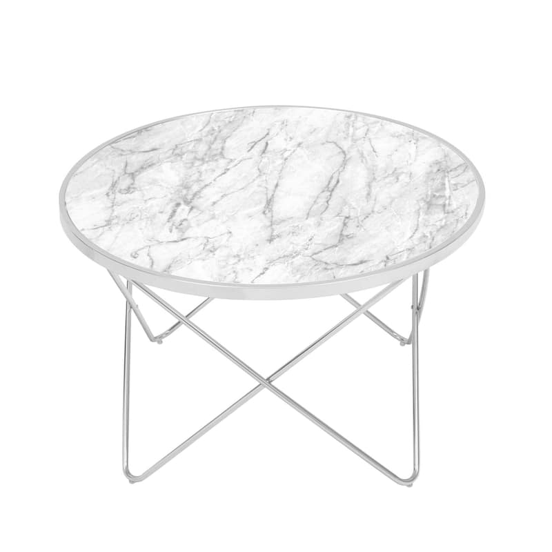 Teamson Home 32 in. Round Faux White Marble Coffee Table with Silver Metal Geometric Base, Small Modern Living Room Table