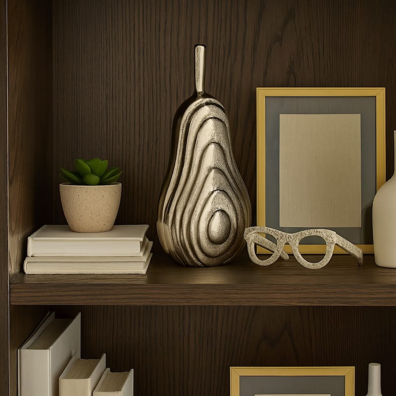 Aluminum Oval Pear Sculpture with Modern Textured Design - 8" Gold - 4" x 4" x 8"