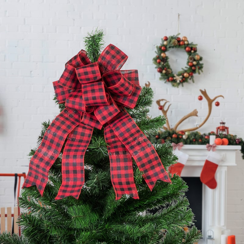 19" Buffalo Plaid Print 14 Loop Christmas Bow Tree Topper - 19