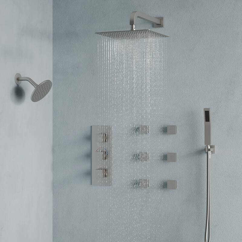 4-Functions Thermostatic Shower System, Wall Mount Shower Faucet Set 12" & 6" Dual Shower Head with 6 Body Jets