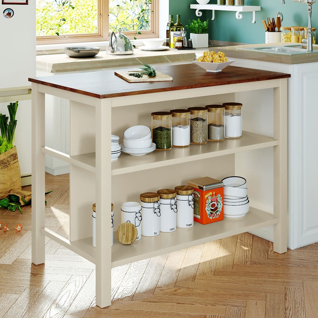 Rustic 45" Kitchen Island Prep Table with Rubber Wood Butcher Block and Open Shelves, Walnut & Cream White