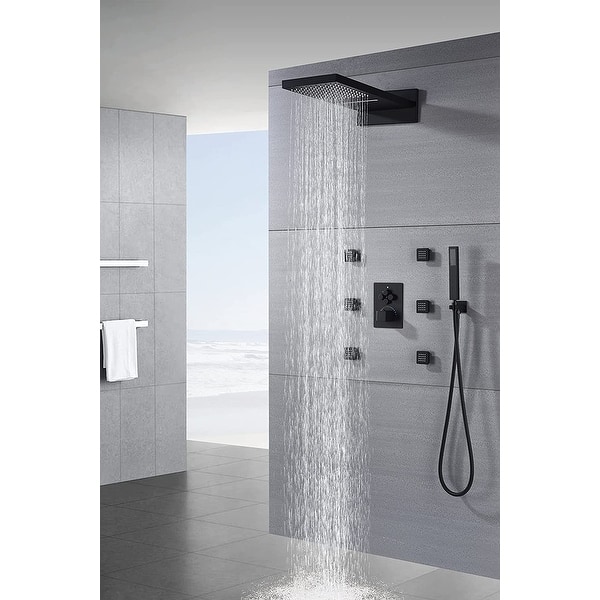 slide 2 of 5, 22 inch rainfall waterfall 4 way thermostatic shower system - 7'6" x 10'9"