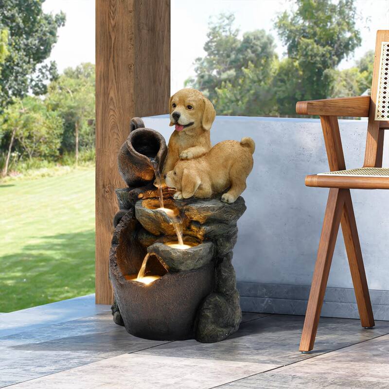 Puppy Friends Farmhouse Resin Outdoor Fountain with Lights