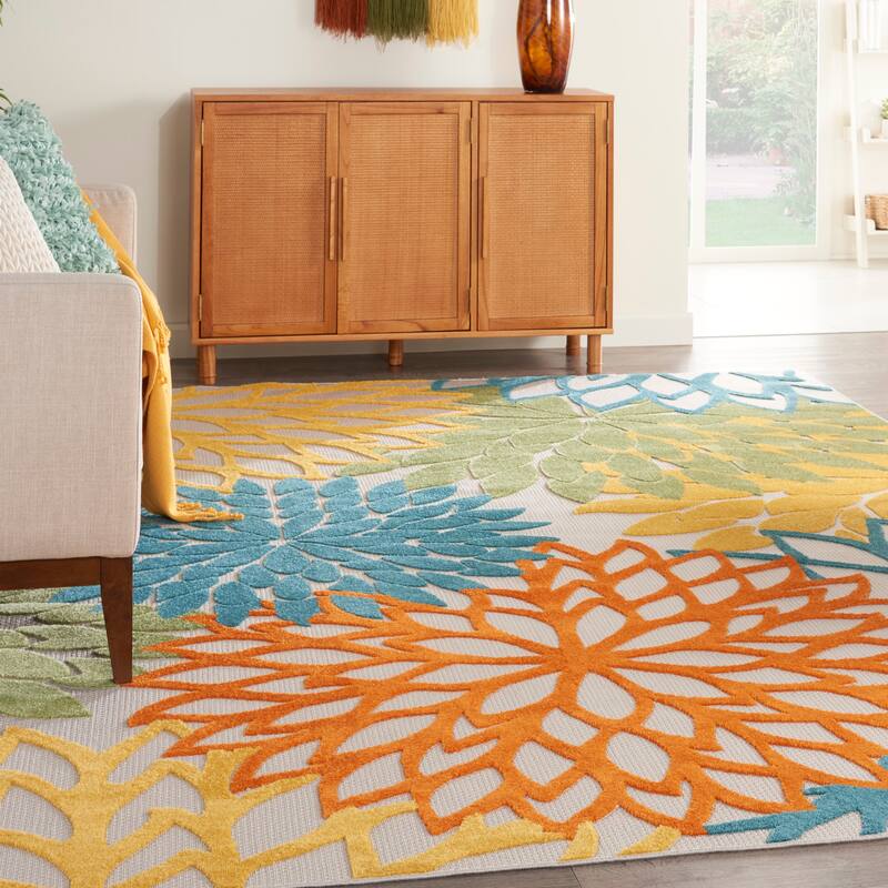 Nourison Aloha Floral Modern Indoor/Outdoor Area Rug - 2'3" x 12' Runner - Turquoise Multicolor