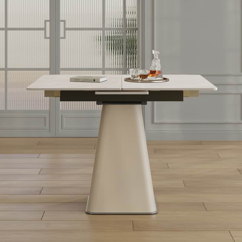 Retractable Rock Slab Folding Dining Table, Modern Square Expandable Table with Leather-Wrapped Stainless Steel Base - White