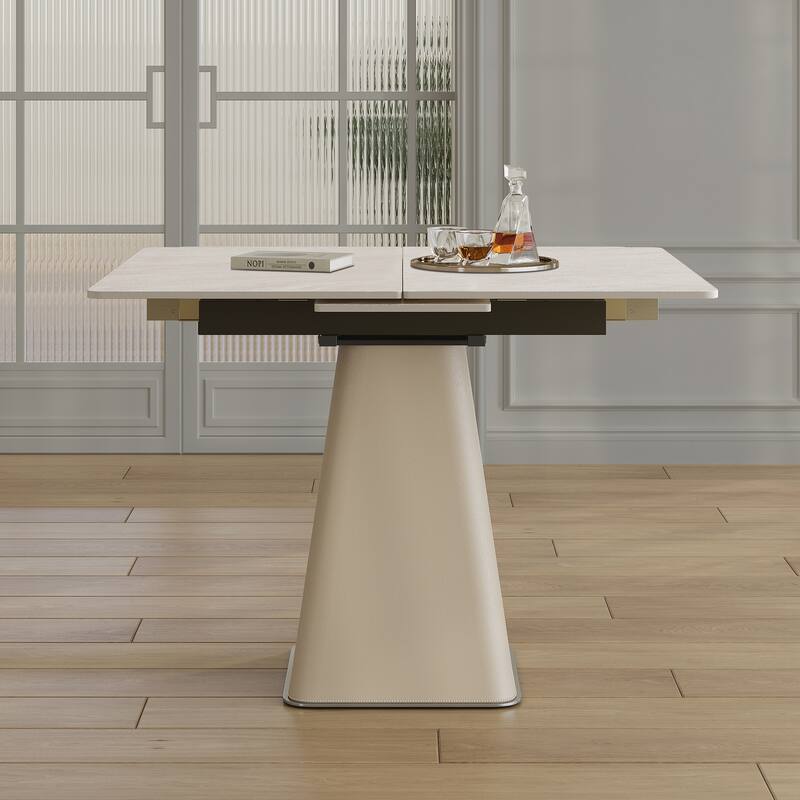 Roomfitters Retractable Sintered Stone Dining Table, Square Base, Expandable Desk & Leather Pedestal - White - Square Base