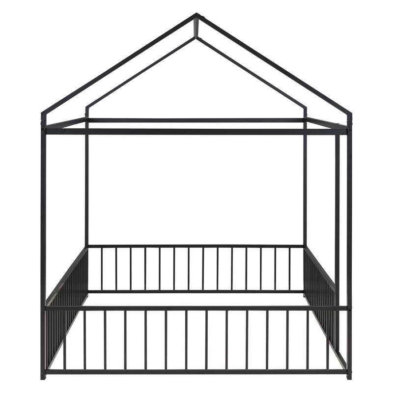 Metal House Bed Frame with Fence and Roof for Kids and Teens