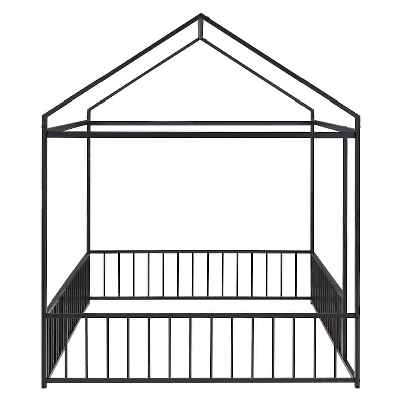 Roomfitters Full Size Metal Bed House Bed Frame with Fence, for Kids, Teens, Girls, Boys