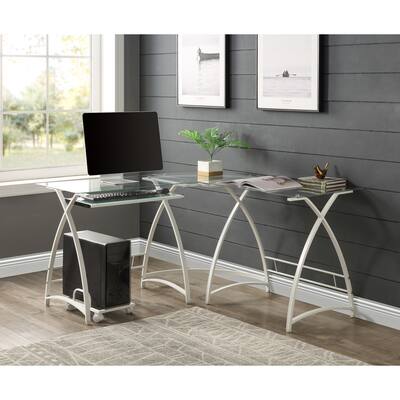 Modern L-Shaped Round Corner Glass Writing Computer Desk with Keyboard Tray, 51 Inch PC Laptop Writing Gamer Workstation, White