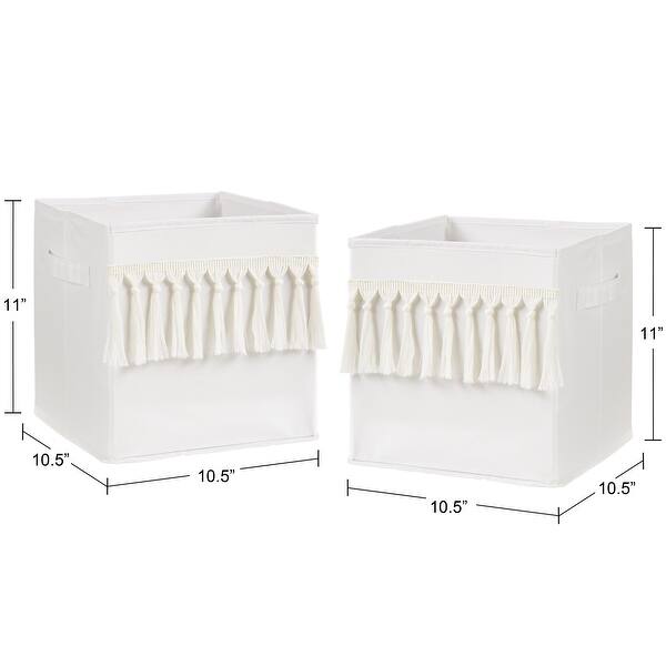 Ivory Boho Bohemian Collection Foldable Fabric Storage Bins - Gender Neutral Off White Farmhouse Minimalist Tassel Fringe Cotton